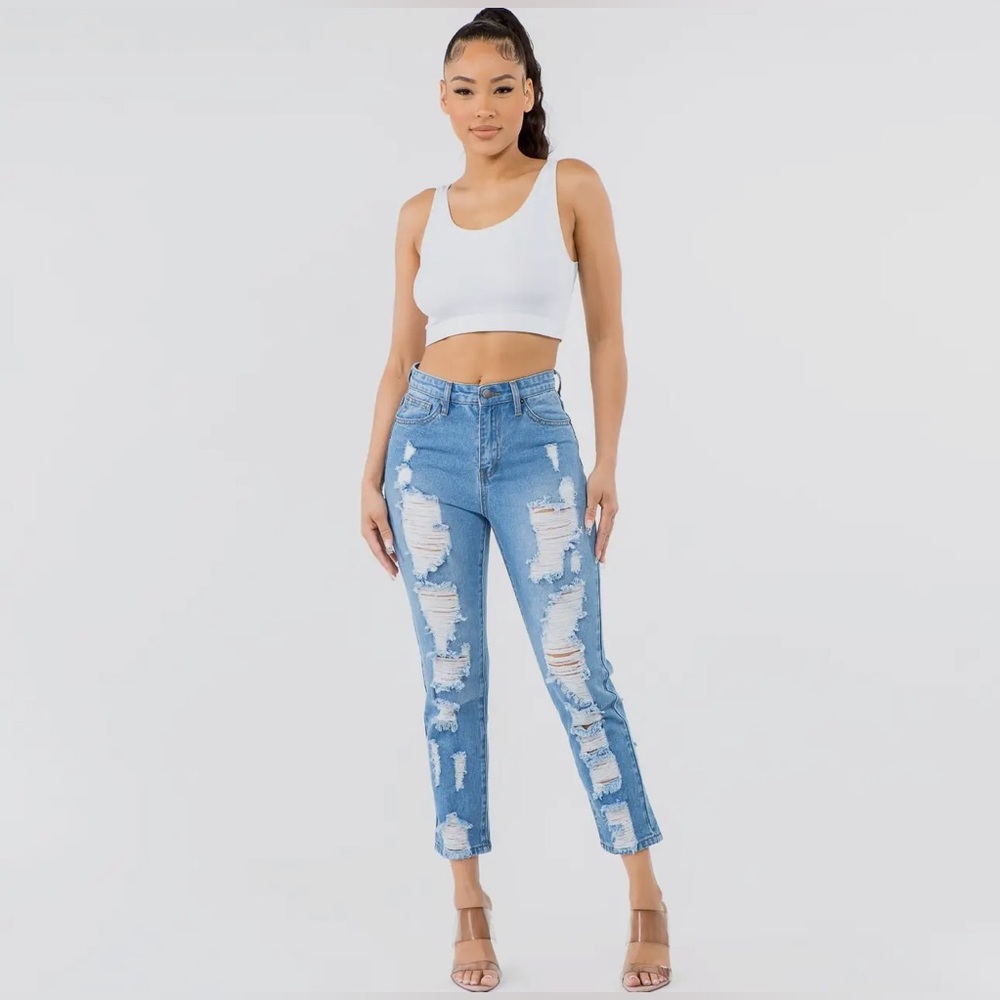 American Bazi Light Blue Distressed Ankle Jeans